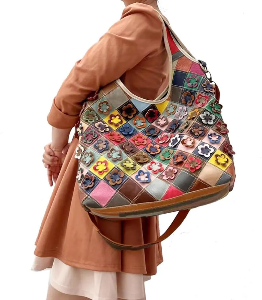 Downupdown Genuine Leather Handbags for Women Designer Shoulder Bag 3D Floral Hobo Tote Bags Satchel Purses Crossbody Bag