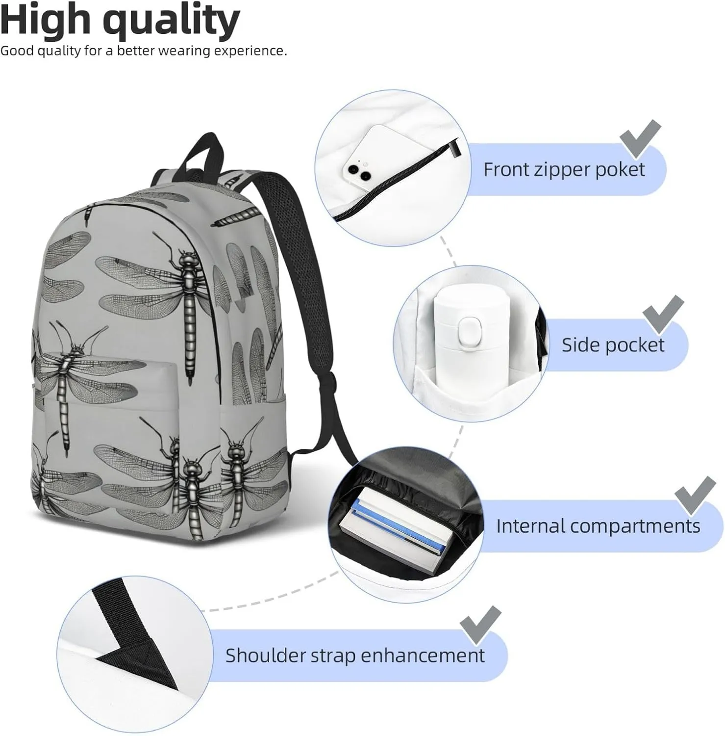 Dragonflies Grey Large Capacity Backpack, Men'S And Women'S Fashionable Travel Backpack, Leisure Work Bag,