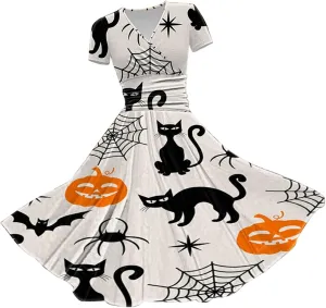 Dress Christmas Printed V Neck Short Sleeve Casual Dresses Halloween Costumes Dress Witch Costume Women Womens
