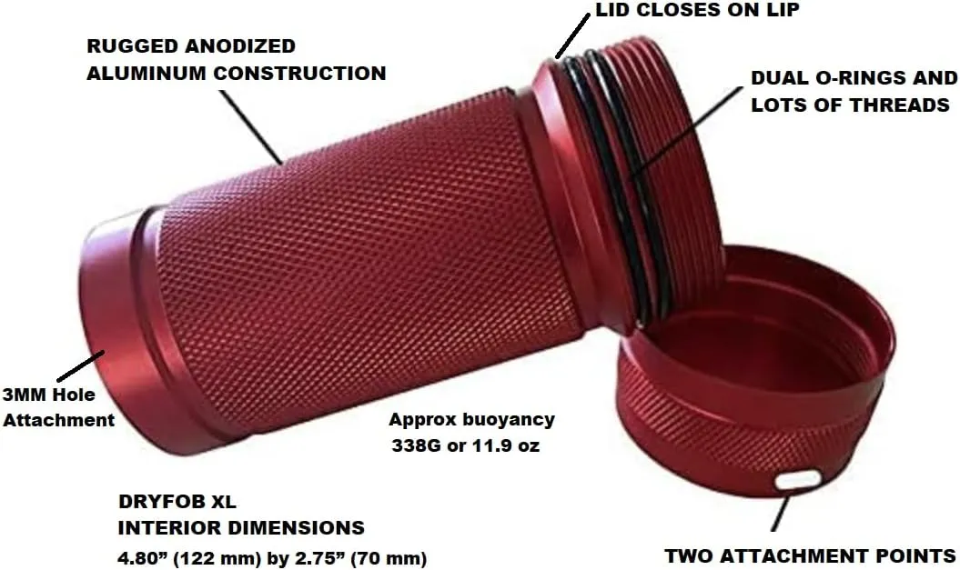 DRYFOB-XL Waterproof PLB Container, Case, Holder for Scuba Diving and Watersports - Rugged Aluminum, Rated to 330ft(100m) (Red-XL)