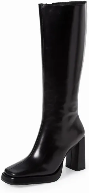 Dsevht Dark Red Leather Knee High Boots for Women Platform Chunky Block Heeled Burgundy Boots Square Toe and Side Zipper Design Fashion Dress 70s Gogo Boots