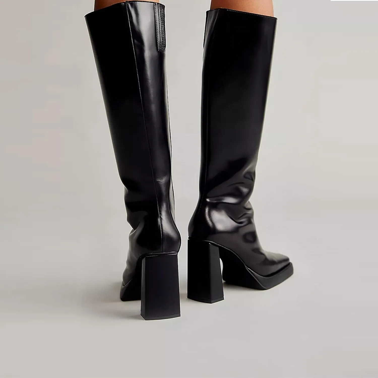 Dsevht Dark Red Leather Knee High Boots for Women Platform Chunky Block Heeled Burgundy Boots Square Toe and Side Zipper Design Fashion Dress 70s Gogo Boots