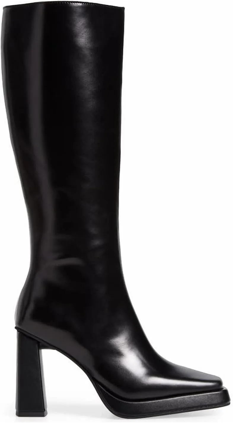 Dsevht Dark Red Leather Knee High Boots for Women Platform Chunky Block Heeled Burgundy Boots Square Toe and Side Zipper Design Fashion Dress 70s Gogo Boots