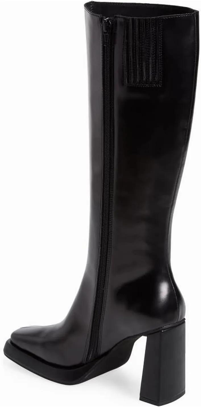 Dsevht Dark Red Leather Knee High Boots for Women Platform Chunky Block Heeled Burgundy Boots Square Toe and Side Zipper Design Fashion Dress 70s Gogo Boots