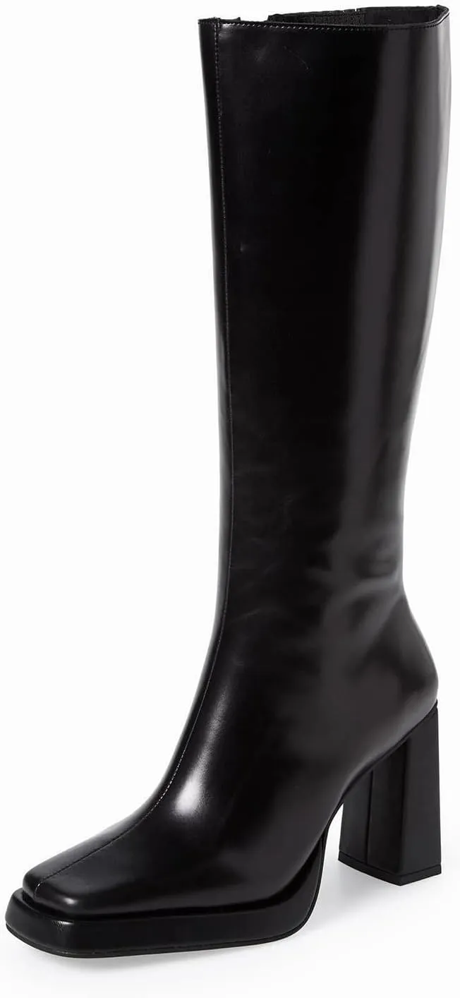 Dsevht Dark Red Leather Knee High Boots for Women Platform Chunky Block Heeled Burgundy Boots Square Toe and Side Zipper Design Fashion Dress 70s Gogo Boots