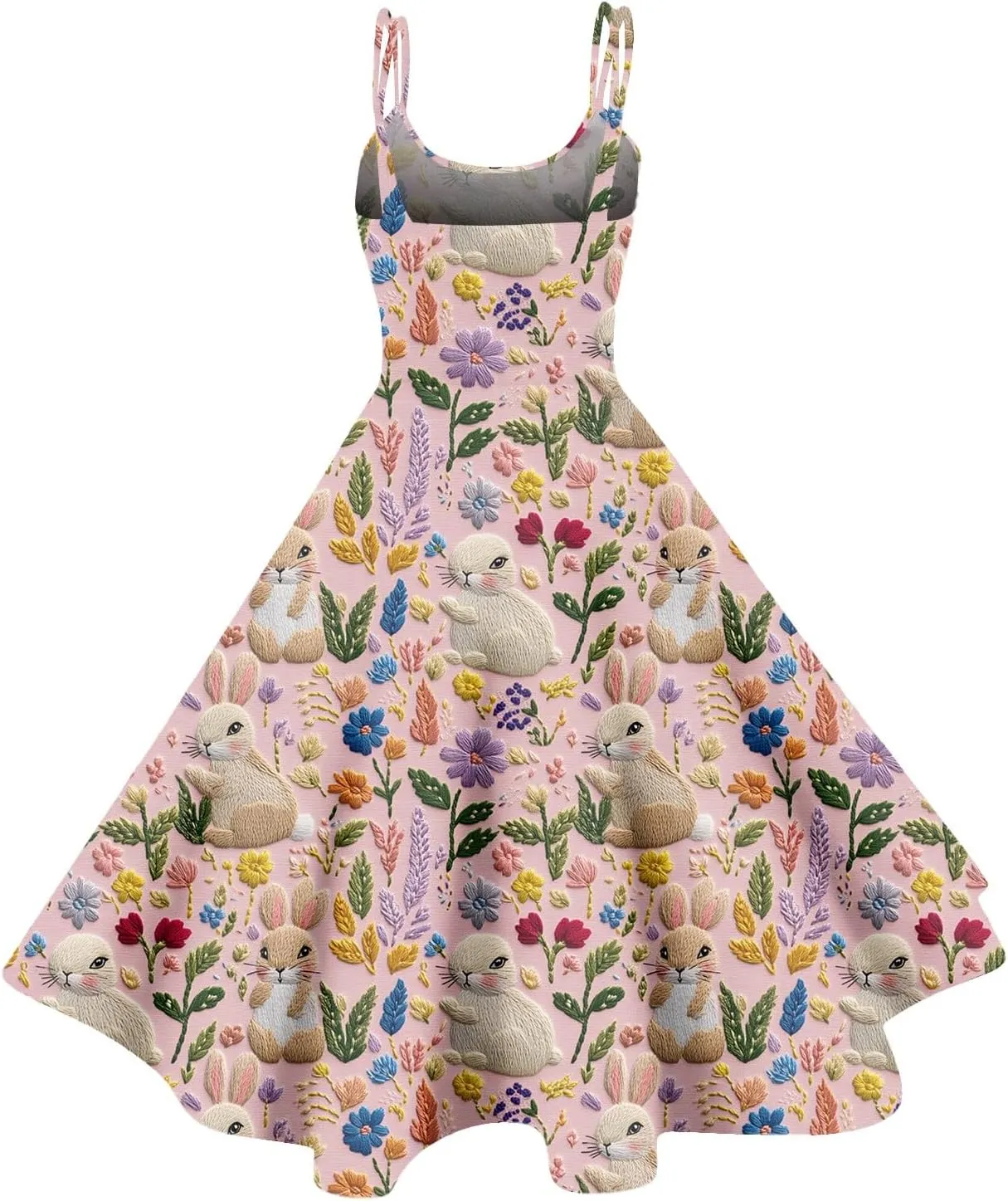 Easter Dresses for Women Vintage Spaghetti Strap Punk Aline Swing Dress Bunny Printed Knee Length Tea Party Dress