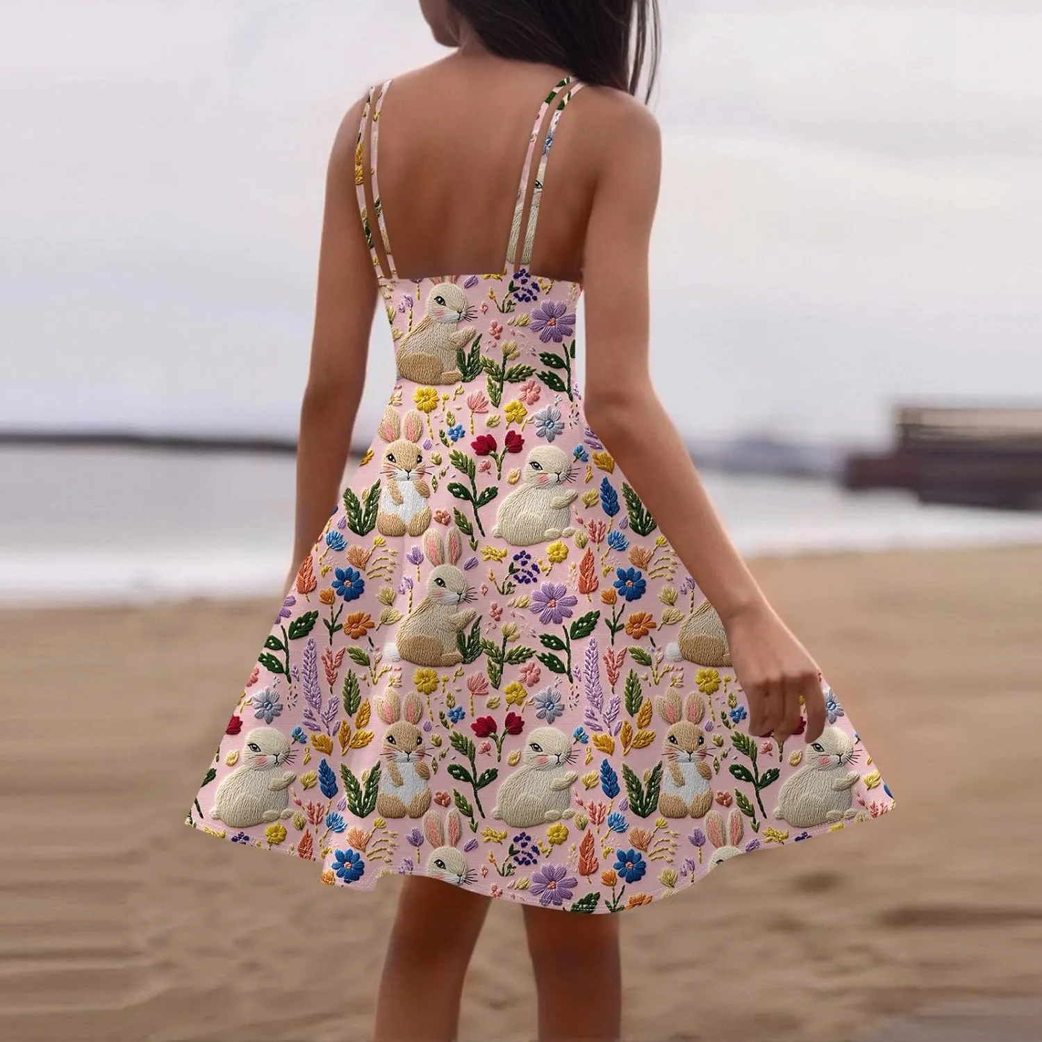 Easter Dresses for Women Vintage Spaghetti Strap Punk Aline Swing Dress Bunny Printed Knee Length Tea Party Dress