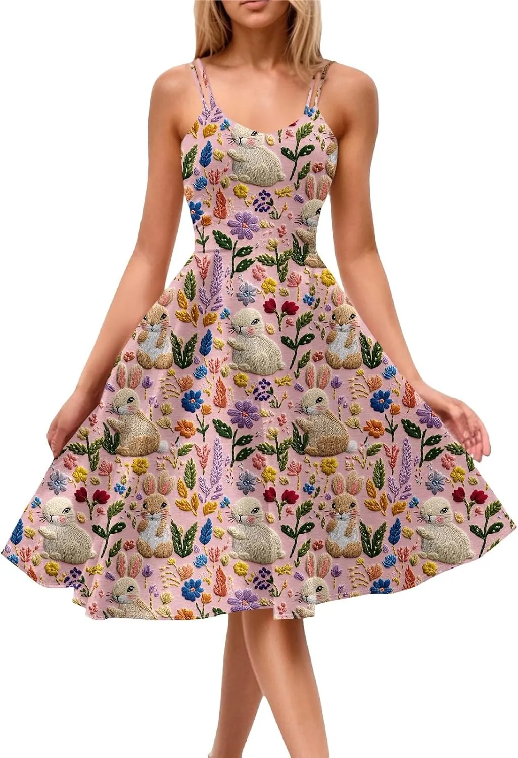 Easter Dresses for Women Vintage Spaghetti Strap Punk Aline Swing Dress Bunny Printed Knee Length Tea Party Dress