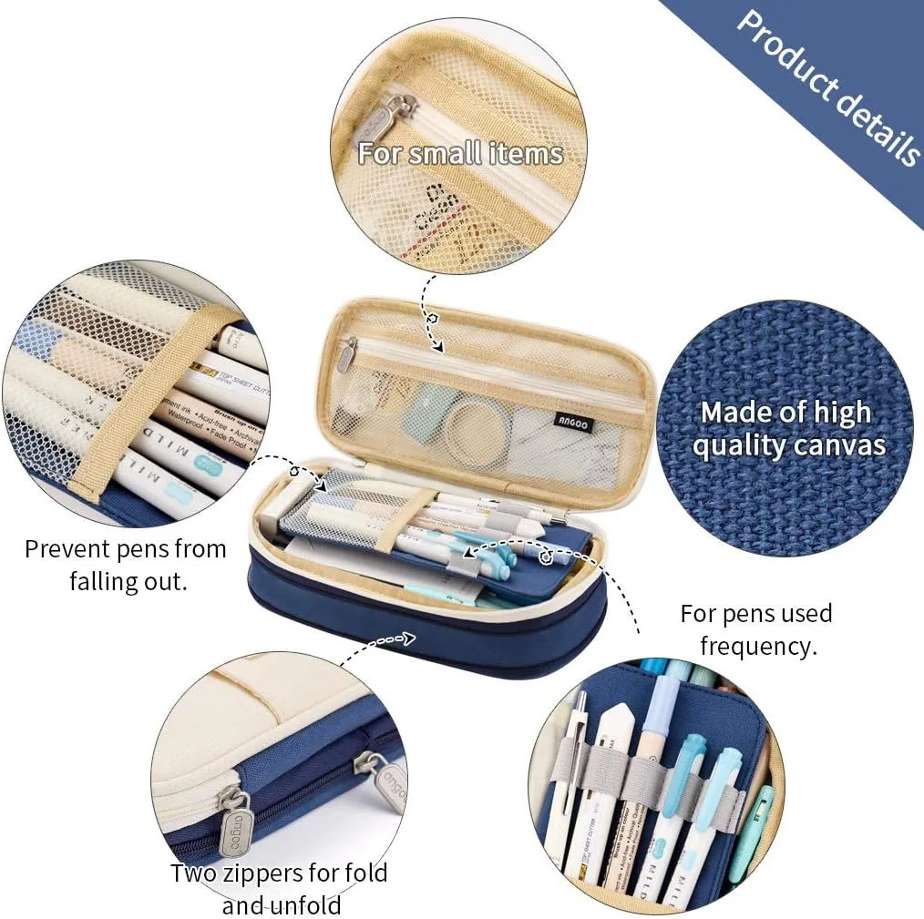 EASTHILL Big Capacity Pencil Pen Case Office College School Large Storage High Capacity Bag Pouch Holder Box Organizer Blue