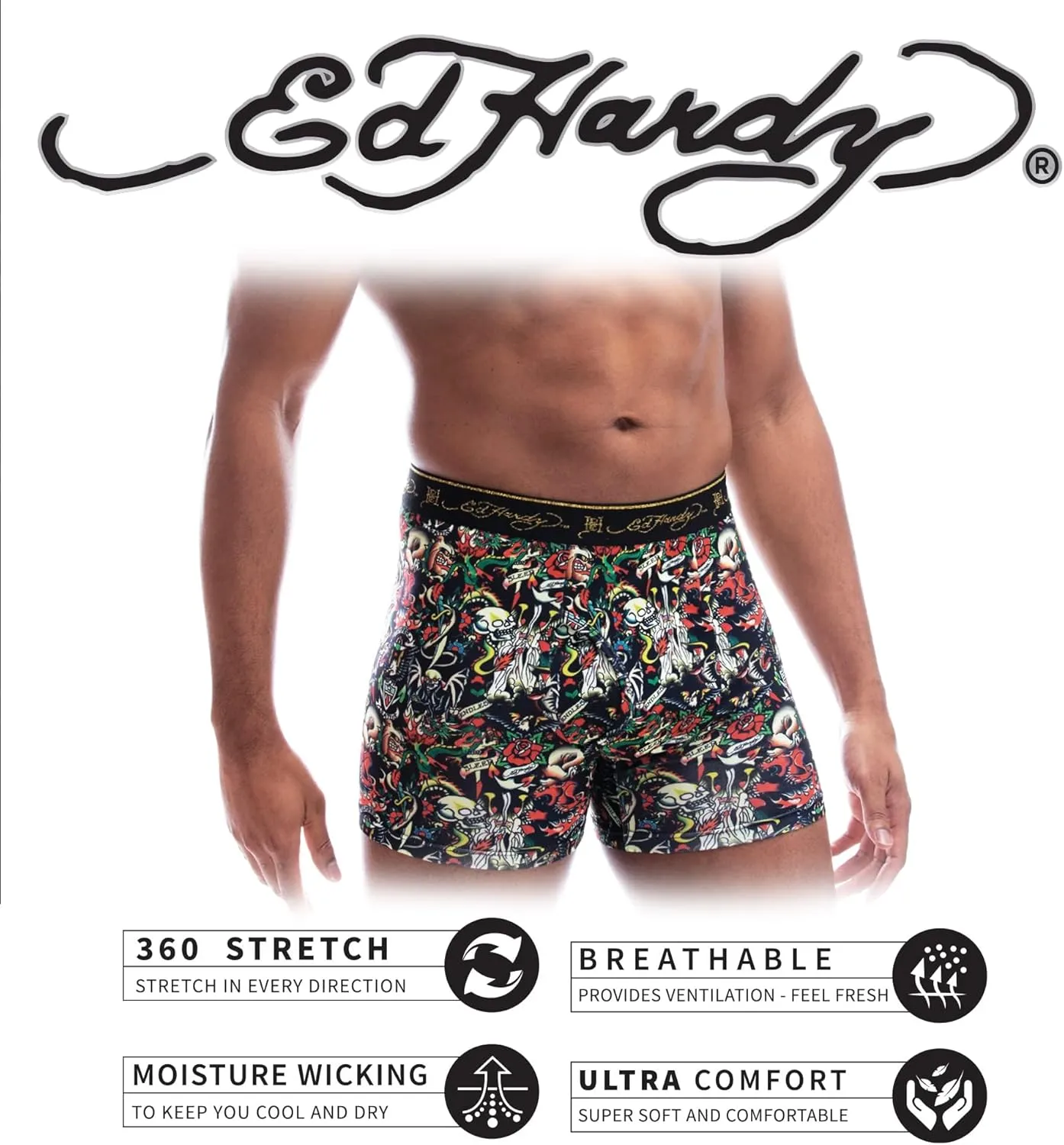ED HARDY Mens Boxer Briefs Active Stretch Breathable Underwear, Comfortable Gym Boxer Briefs- Multipack