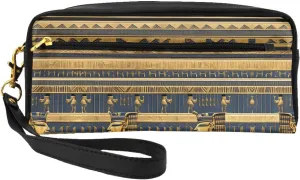 Egyptian Pharaonic Frescoes Print Leather Small Makeup Bag â€“ Travel Toiletry Bag, Women Purse, Reusable Cosmetic Accessories Organizer