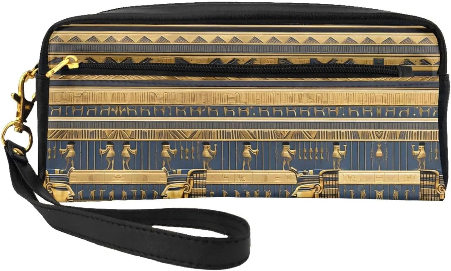 Egyptian Pharaonic Frescoes Print Leather Small Makeup Bag â€“ Travel Toiletry Bag, Women Purse, Reusable Cosmetic Accessories Organizer
