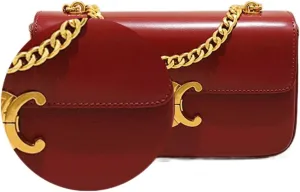 Elegant Real Leather Crossbody Bag, Burgundy Clutch, Single Shoulder Gold Bracelet