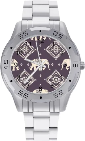 Elephant and Aztec Indian Pattern Simple Stainless Steel Band Business Watch Dress Wrist Unique Luxury Work Casual Waterproof Watches