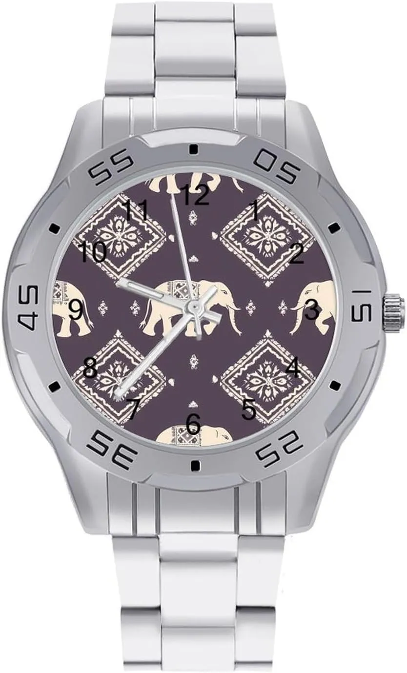 Elephant and Aztec Indian Pattern Simple Stainless Steel Band Business Watch Dress Wrist Unique Luxury Work Casual Waterproof Watches