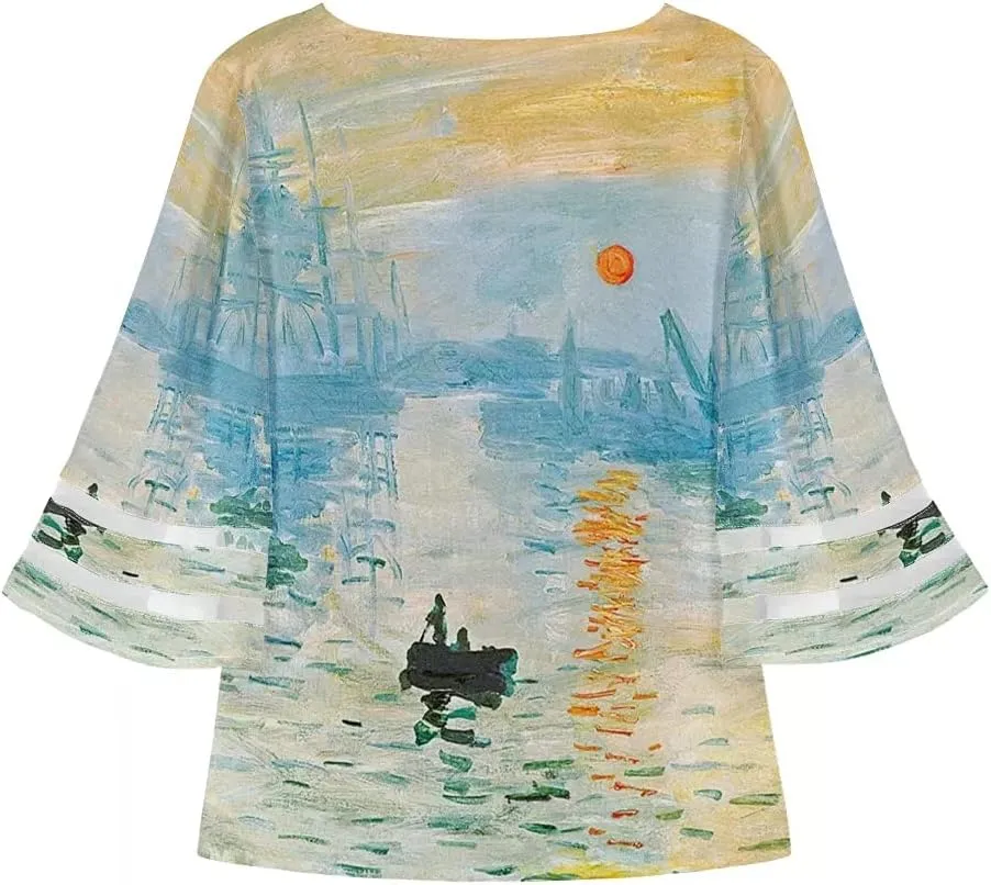 ENLACHIC Women's Van Gogh Print V Neck Mesh Panel Chiffon Blouse 3/4 Bell Sleeve Loose Top Shirt