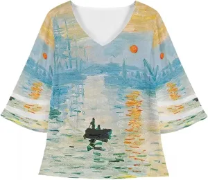 ENLACHIC Women's Van Gogh Print V Neck Mesh Panel Chiffon Blouse 3/4 Bell Sleeve Loose Top Shirt