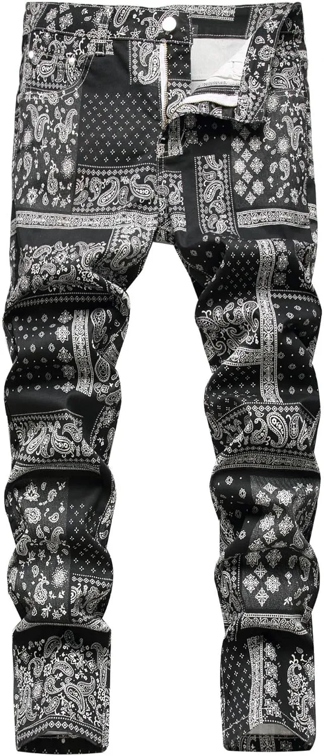 Enrica Men's Casual Printed Jeans Skinny Denim Pants
