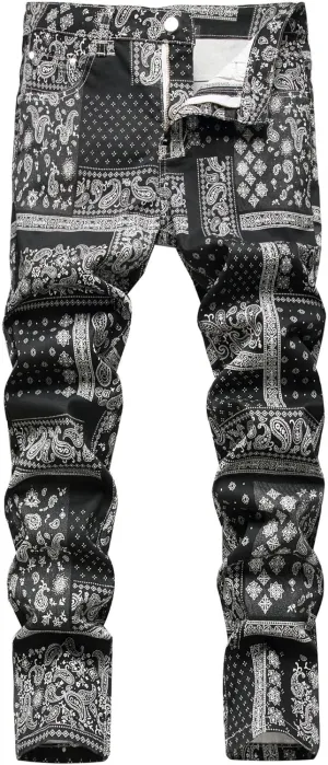 Enrica Men's Casual Printed Jeans Skinny Denim Pants