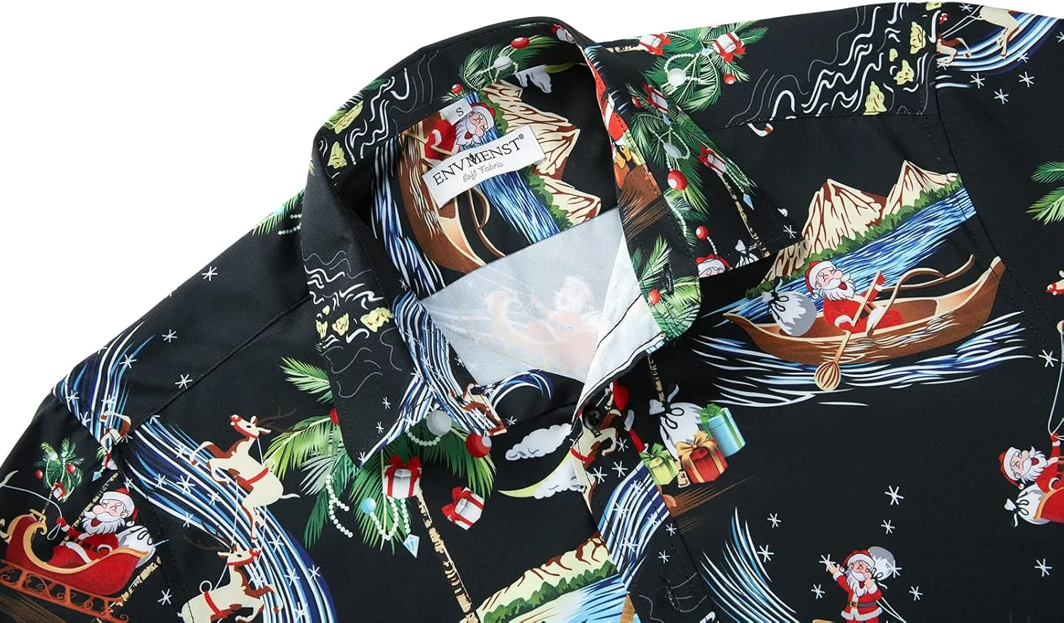 ENVMENST Christmas Button Up Shirt for Men Fun Printed Casual Short Sleeve Hawaiian Santa Shirt