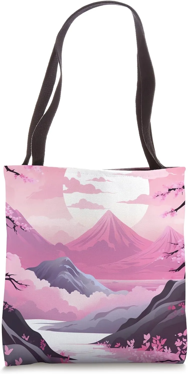 Ephemeral Canvas Dreams Pastel Peaks with Cherry Blossoms Tote Bag