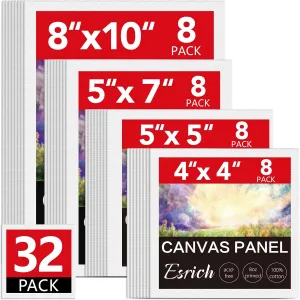 ESRICH Canvas for Painting, 32 Pack Multi-Size Canvas Boards for Painting 8pcs of Each 4x4, 5x5, 5x7, 8x10 Blank Canvases-Cotton Primed Painting Canvas Panels for Adult & Kids for Acrylic Oil Paint