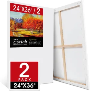 ESRICH Stretched Canvas for Painting 24x36 Inch, 2 Pack Large Canvas for Painting, Primed Acid-Free Cotton Blank Canvases 24x36 Inch, Large Painting Canvas for Oil Paint,Watercolor,Acrylic Paint.