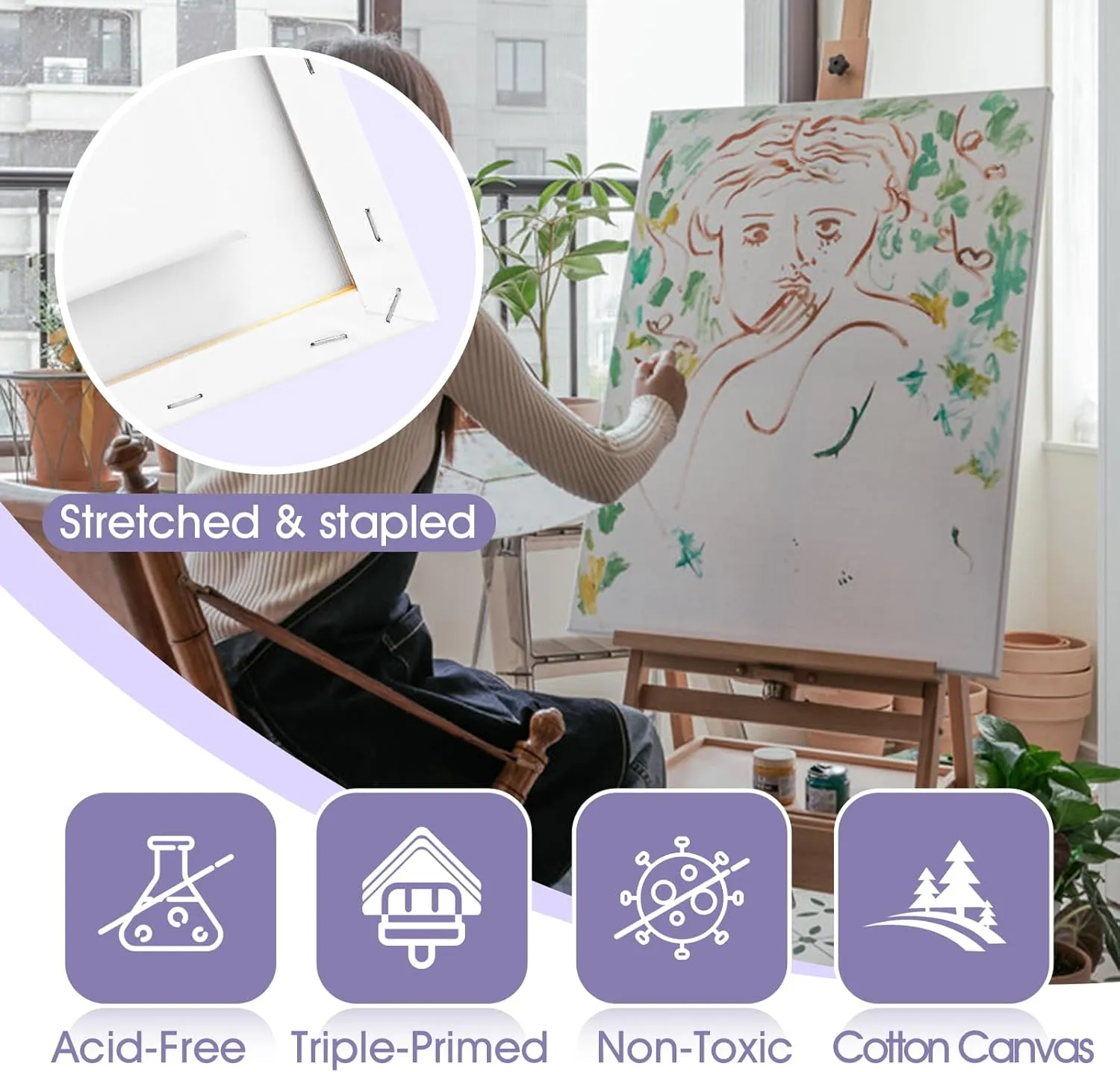 ESRICH Stretched Canvas for Painting 24x36 Inch, 2 Pack Large Canvas for Painting, Primed Acid-Free Cotton Blank Canvases 24x36 Inch, Large Painting Canvas for Oil Paint,Watercolor,Acrylic Paint.