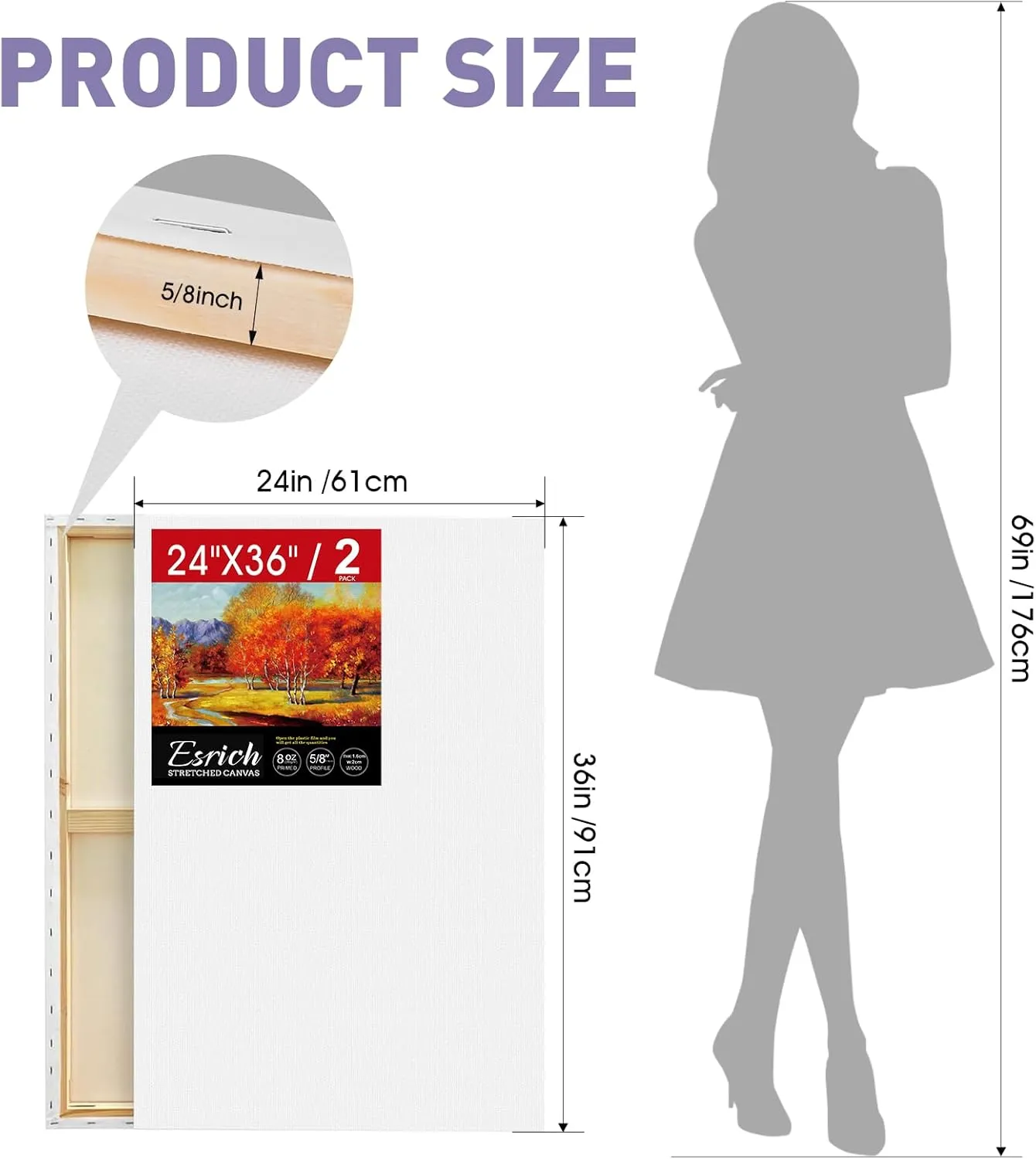 ESRICH Stretched Canvas for Painting 24x36 Inch, 2 Pack Large Canvas for Painting, Primed Acid-Free Cotton Blank Canvases 24x36 Inch, Large Painting Canvas for Oil Paint,Watercolor,Acrylic Paint.