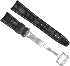 Ewatchparts 22mm Curved Leather Watch Band Strap Compatible With IWC Pilot Portuguese Aviation Black With White Stitching