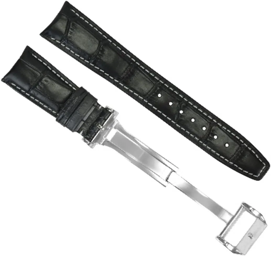 Ewatchparts 22mm Curved Leather Watch Band Strap Compatible With IWC Pilot Portuguese Aviation Black With White Stitching