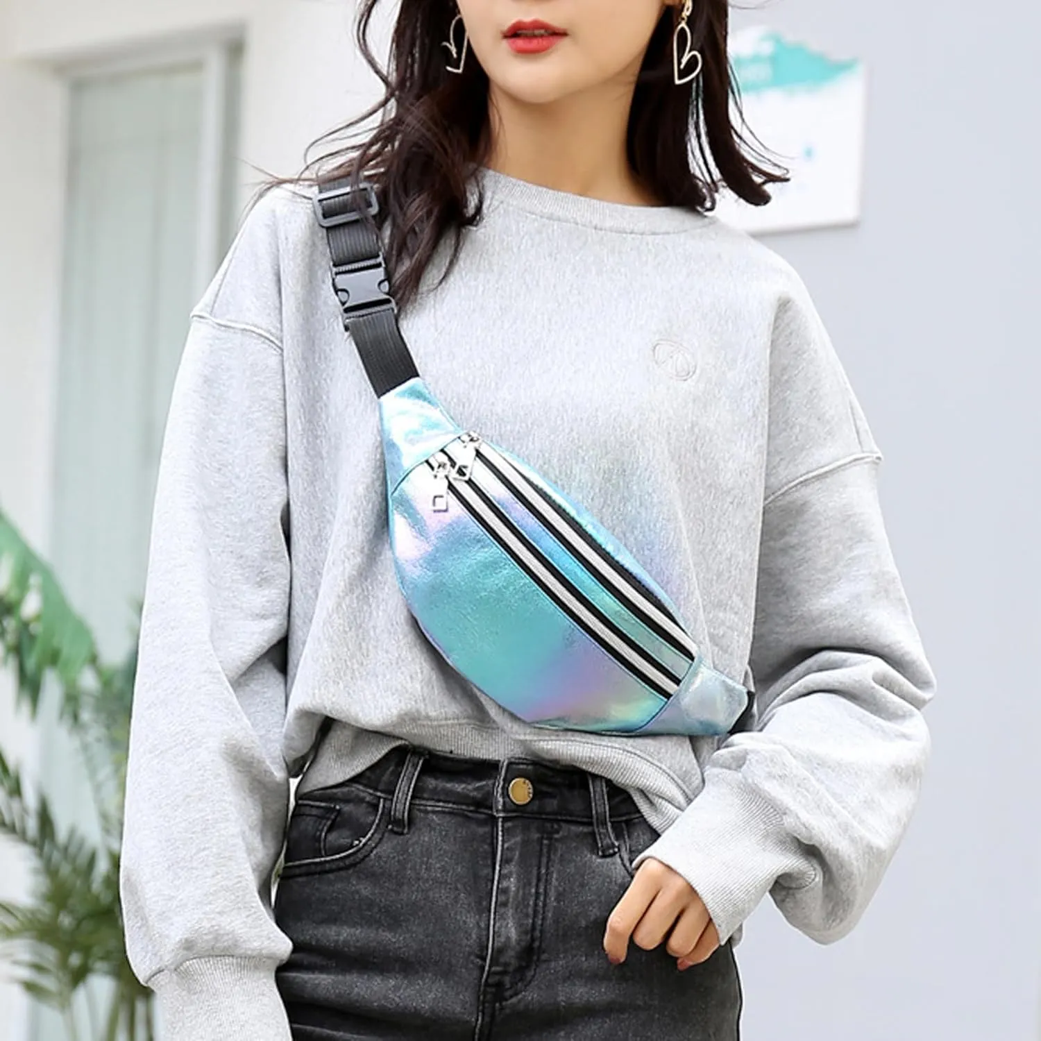 eYLun Women Holographic Fanny Pack Waist Bag Crossbody Bag Shiny Waist Pack Waterproof Bumbag Running and Traveling Pink