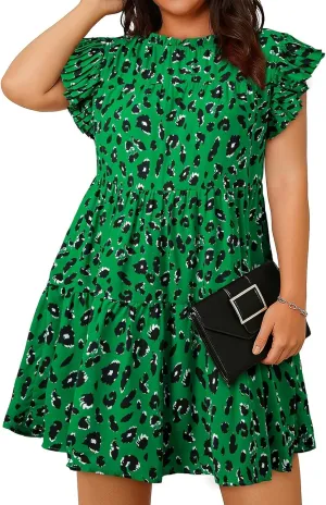 Eytino Womens Plus Size Dress Leopard Printed Crewneck Ruffle Sleeve Flowy Mini Dresses(1X-5X)