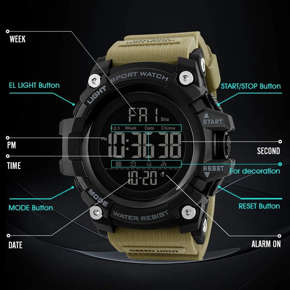 FANMIS Men's Digital Waterproof Sports Watch Military Multifunction Dual Time Stopwatch Alarm Backlight 50M Water Resistant Watch