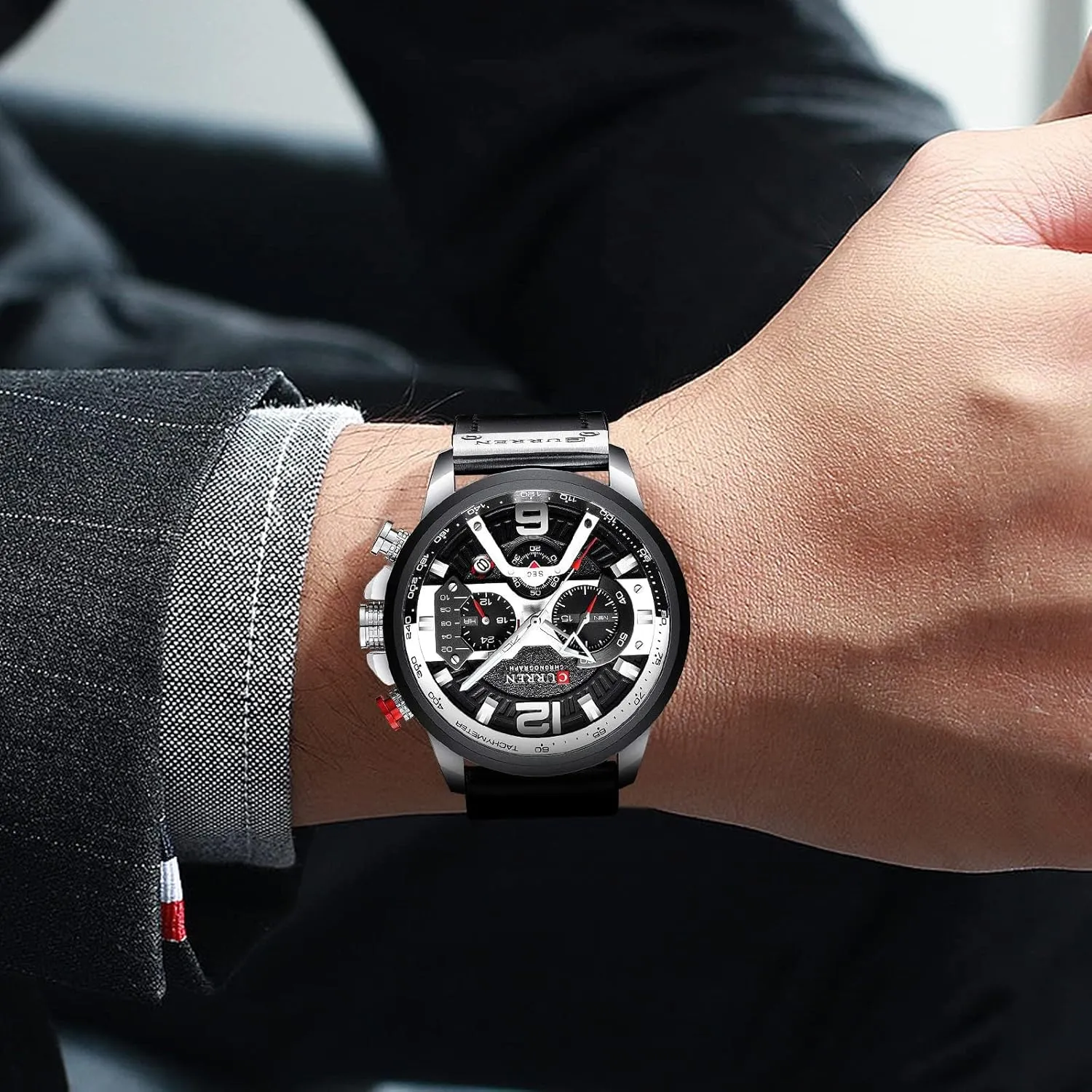 FANMIS Mens Luxury Watches Business Chronograph Dress Waterproof Leather Strap Analog Quartz Wrist Watch