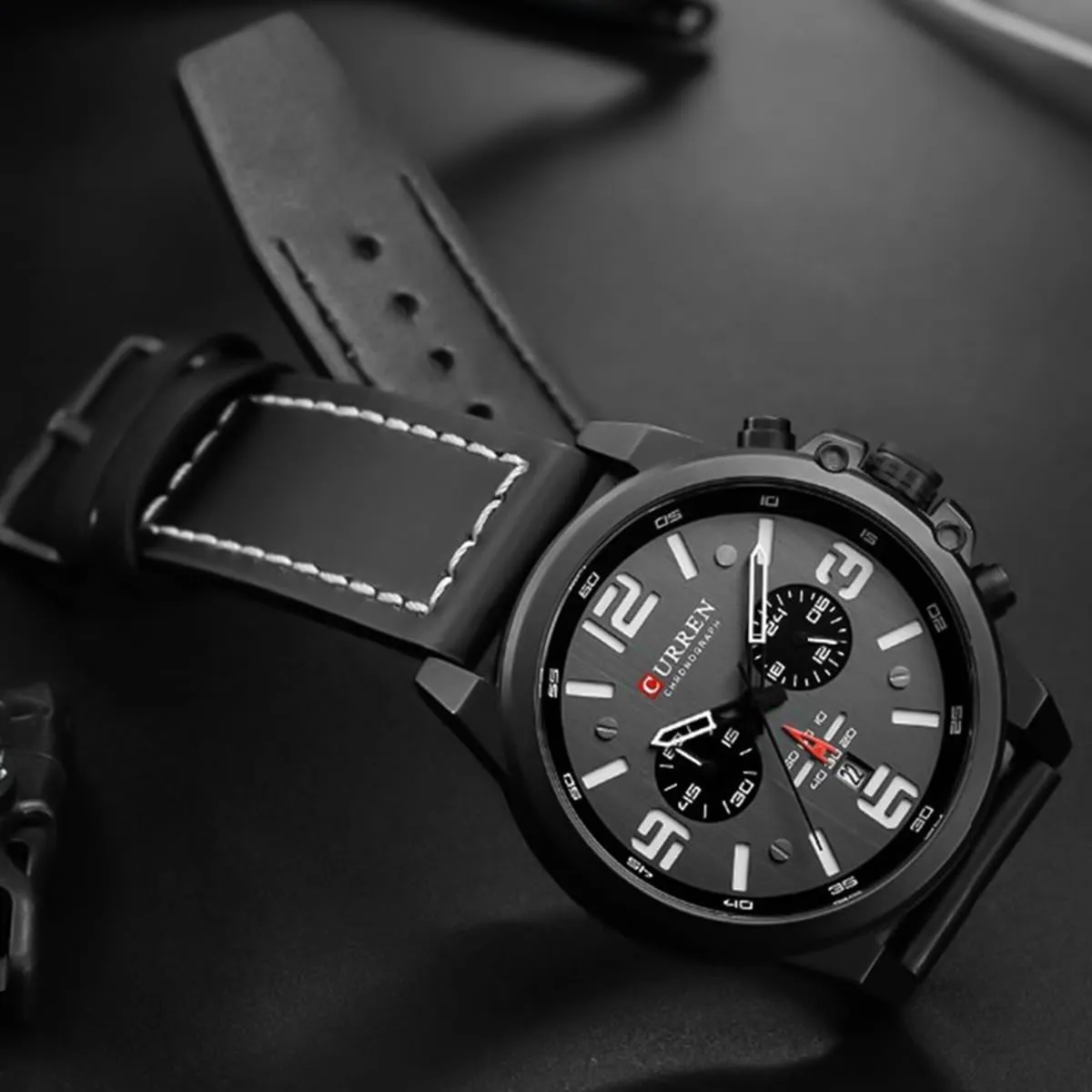 FANMIS Mens Sport Military Analog Quartz Watch Classic Chronograph Sandwich Dial Business Dress Waterproof Watch Multifunctional Wristwatch with Leather Strap