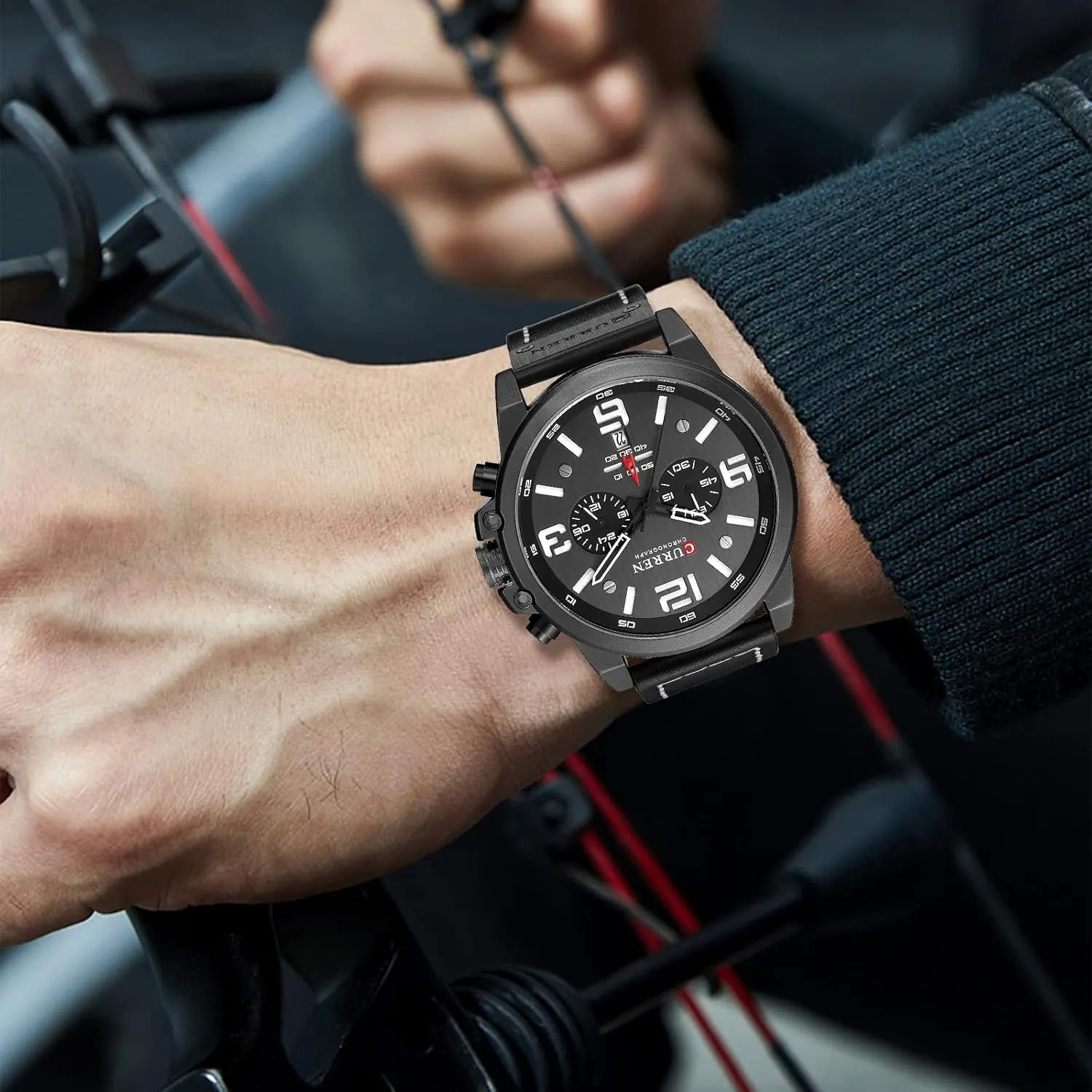 FANMIS Mens Sport Military Analog Quartz Watch Classic Chronograph Sandwich Dial Business Dress Waterproof Watch Multifunctional Wristwatch with Leather Strap