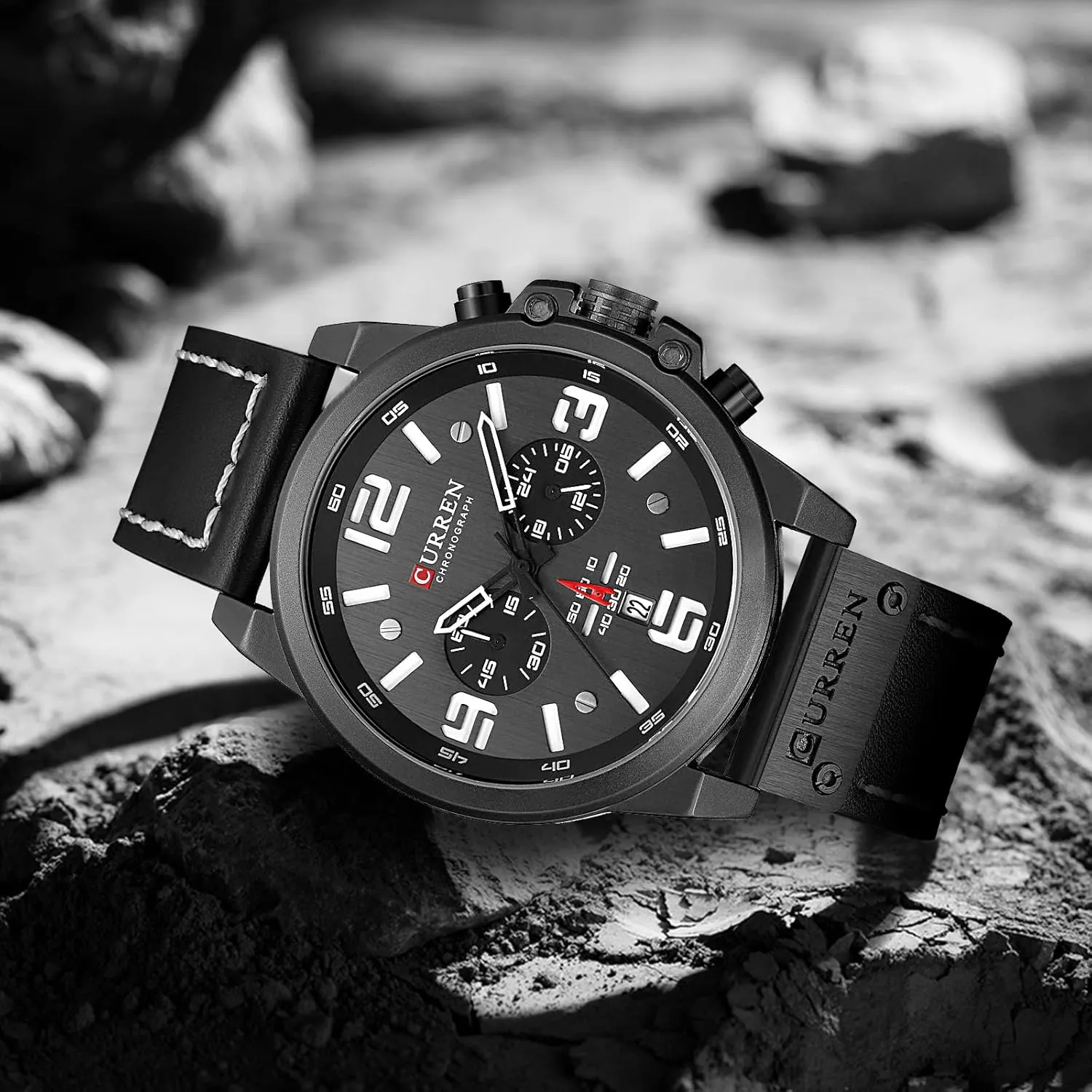 FANMIS Mens Sport Military Analog Quartz Watch Classic Chronograph Sandwich Dial Business Dress Waterproof Watch Multifunctional Wristwatch with Leather Strap