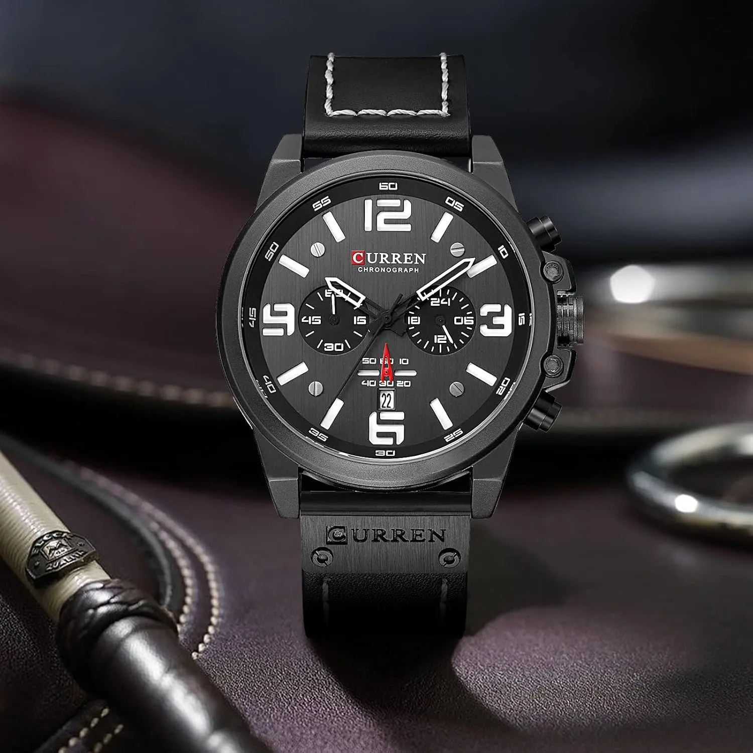 FANMIS Mens Sport Military Analog Quartz Watch Classic Chronograph Sandwich Dial Business Dress Waterproof Watch Multifunctional Wristwatch with Leather Strap
