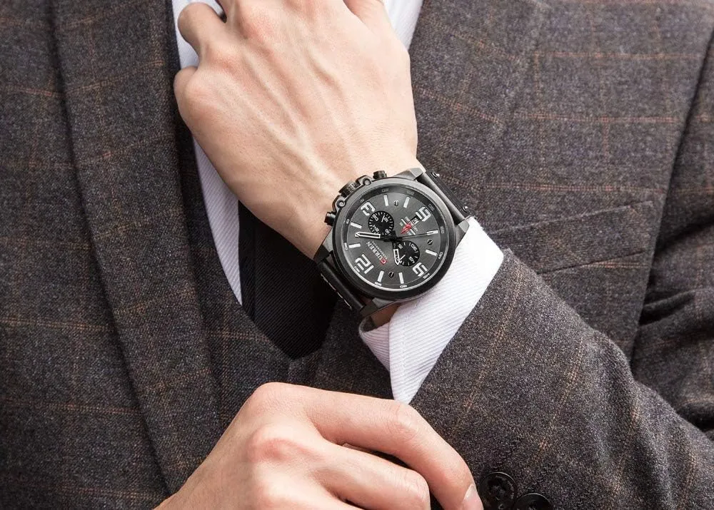 FANMIS Mens Sport Military Analog Quartz Watch Classic Chronograph Sandwich Dial Business Dress Waterproof Watch Multifunctional Wristwatch with Leather Strap