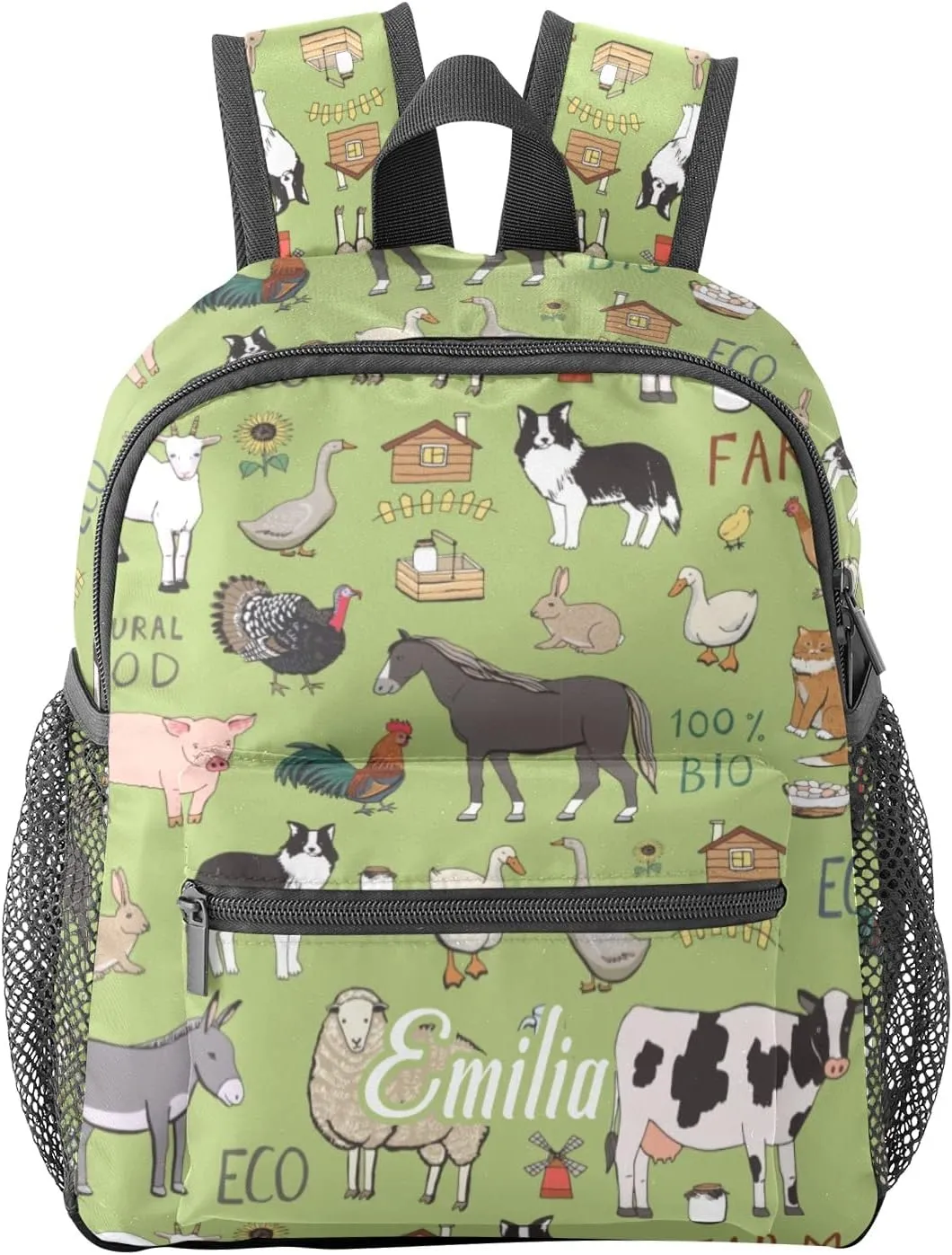 Farm Animal Green Personalized Kids Toddler Backpack for Boys Girls ,Custom Mini School Backpack Bags Kindergarten 10inch L x 4inch W x 12inch H
