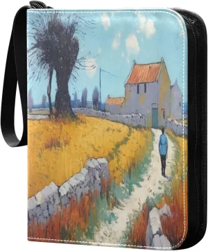 Farmland Painting Card Binder with 50 Removable Page Sleeves PU Leather Collectible Trading Card Albums Book with Zipper for Games Card,Baseball Cards