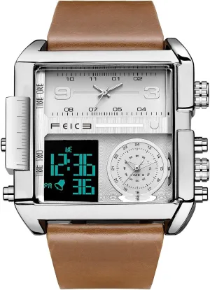 FEICE Wathes for Men Digital LED Analog Quartz Wristwatch Business Men’s Watch Multifunction Square Chronograph 24H Calendar Leather Band Unique FK030
