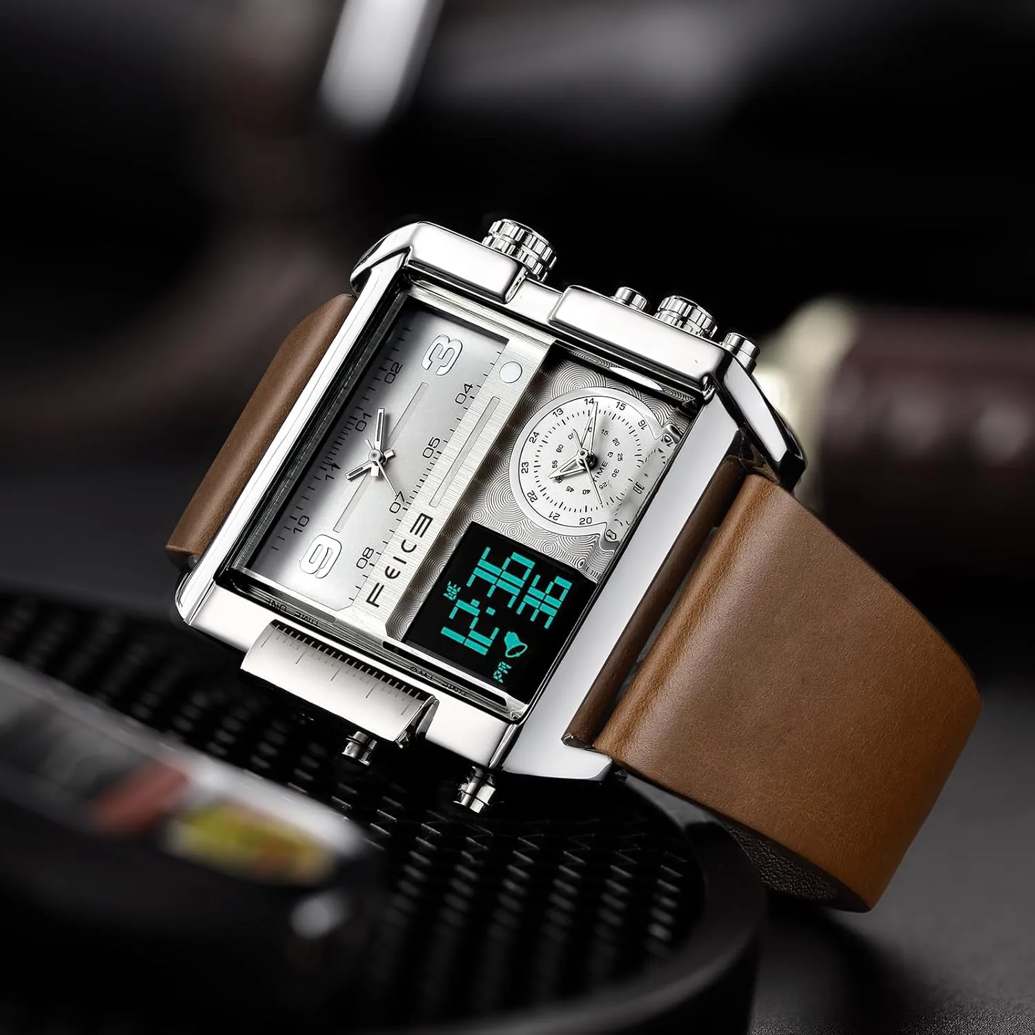 FEICE Wathes for Men Digital LED Analog Quartz Wristwatch Business Men’s Watch Multifunction Square Chronograph 24H Calendar Leather Band Unique FK030