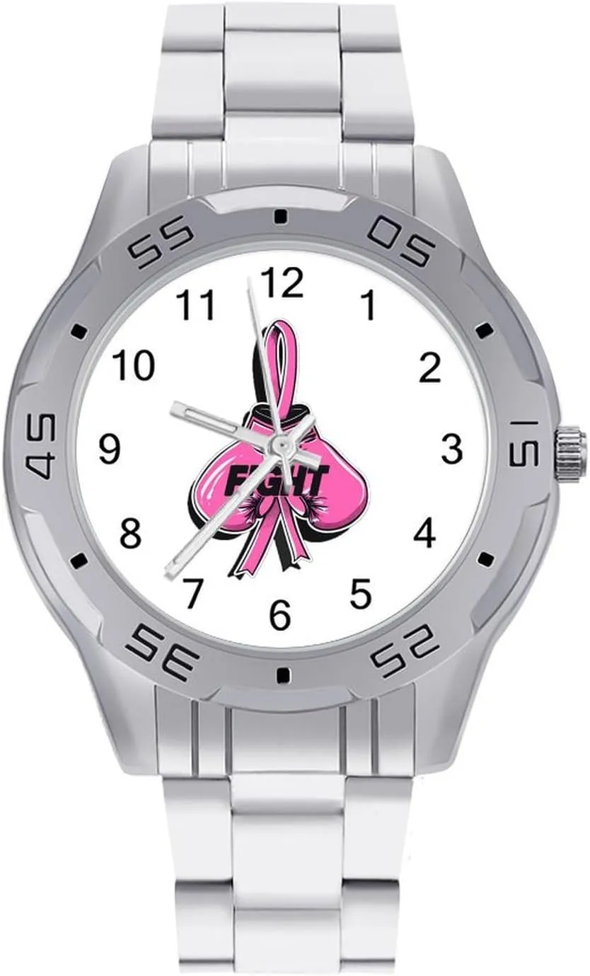 Fight Breast Cancer Awareness Fighter Simple Stainless Steel Band Business Watch Dress Wrist Unique Luxury Work Casual Waterproof Watches