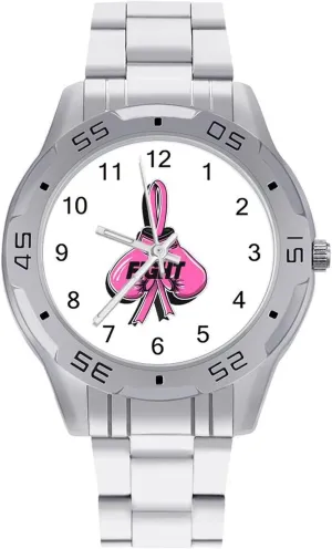 Fight Breast Cancer Awareness Fighter Simple Stainless Steel Band Business Watch Dress Wrist Unique Luxury Work Casual Waterproof Watches