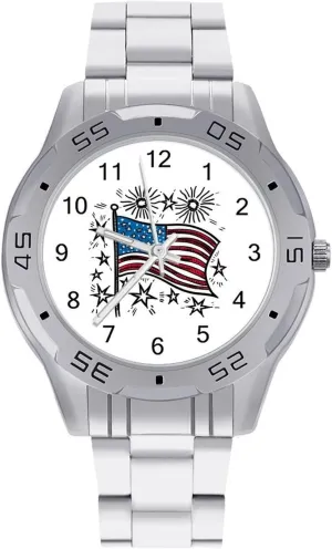 Fireworks 4th of July Simple Stainless Steel Band Business Watch Dress Wrist Unique Luxury Work Casual Waterproof Watches