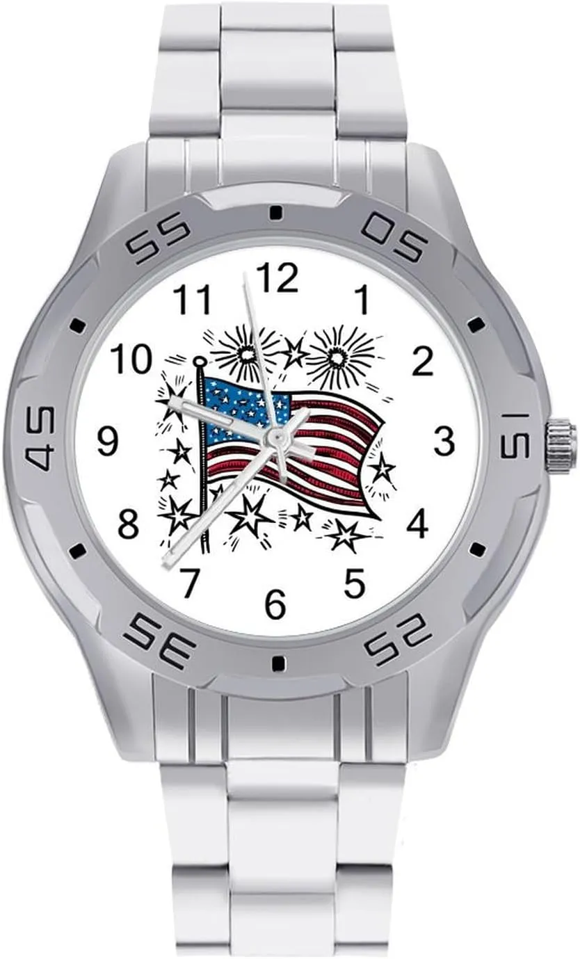 Fireworks 4th of July Simple Stainless Steel Band Business Watch Dress Wrist Unique Luxury Work Casual Waterproof Watches