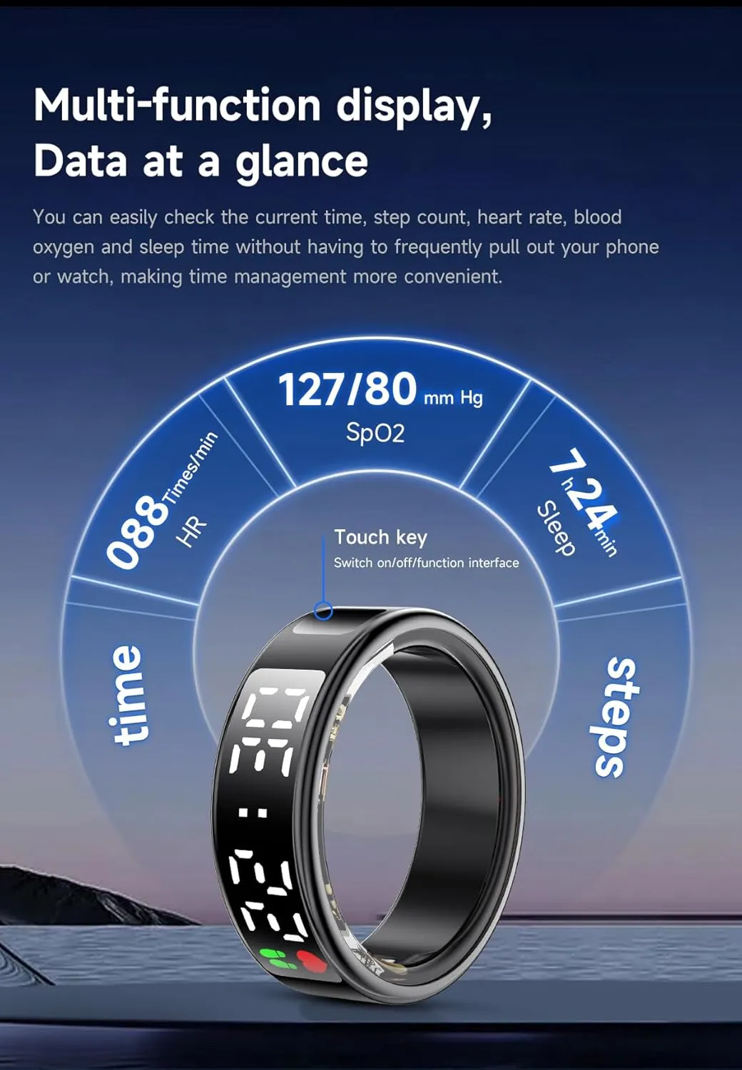 Fitness Tracker Ring, Smart Ring with Display & Charging Case, Accurate Monitoring of Pedometer, Heart & Temperature, IP68 Waterproof, 5-Day Battery Life, Black