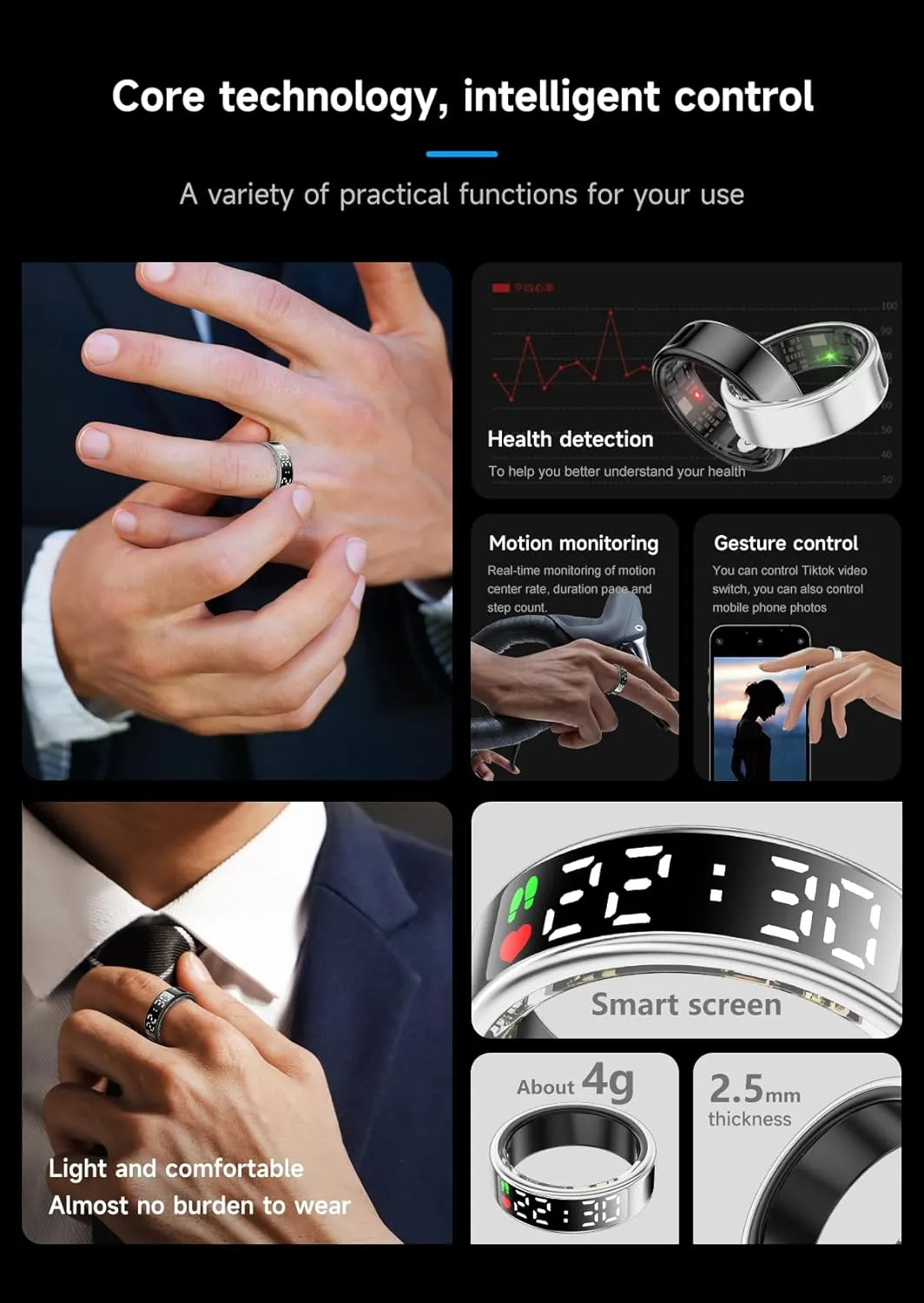 Fitness Tracker Ring, Smart Ring with Display & Charging Case, Accurate Monitoring of Pedometer, Heart & Temperature, IP68 Waterproof, 5-Day Battery Life, Black